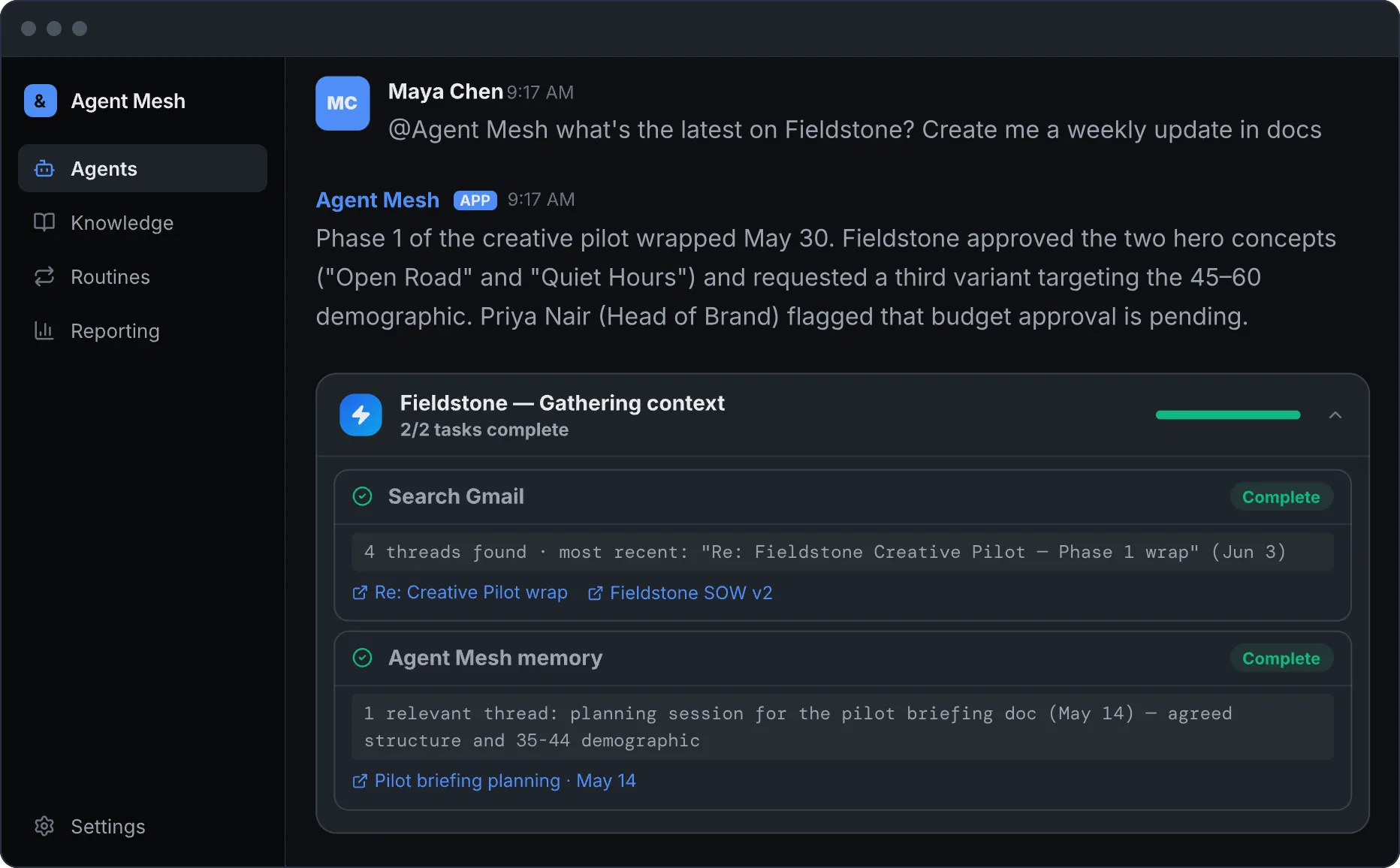 Agent Mesh gathering context from Gmail and its own memory before answering a client question