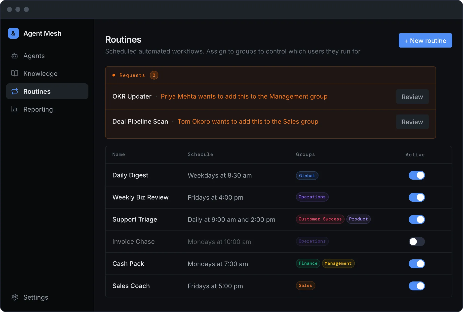The Agent Mesh routines admin, showing scheduled workflows assigned to groups