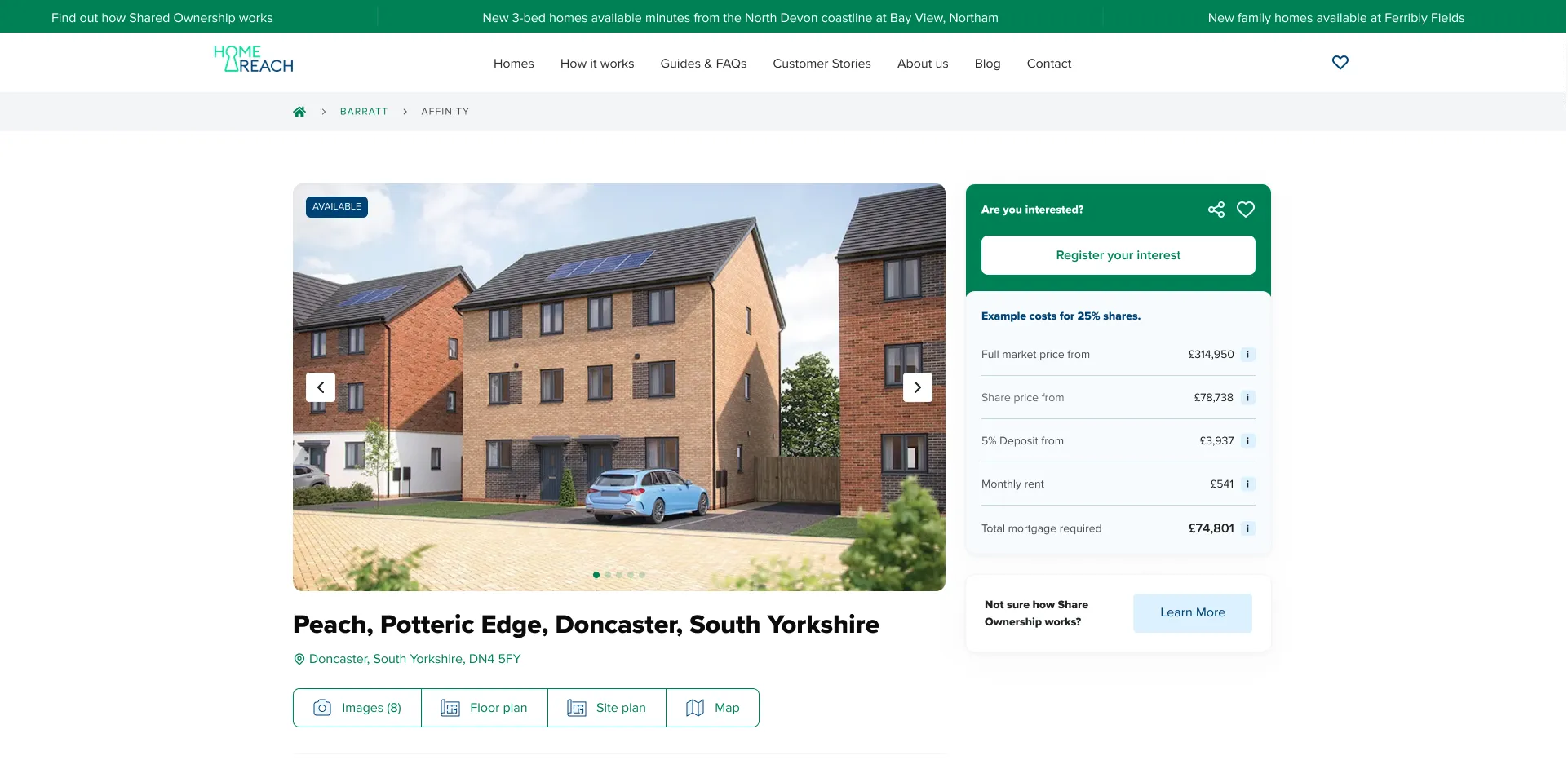 Home Reach property page with image gallery, share price breakdown and register interest call to action